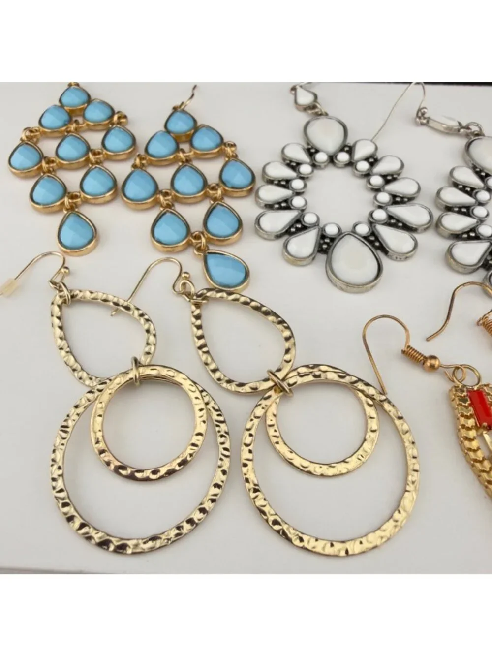 Boho Dangle Drop Chandelier Earrings Set of 6 Mixed Metal Red Blue White Pierced